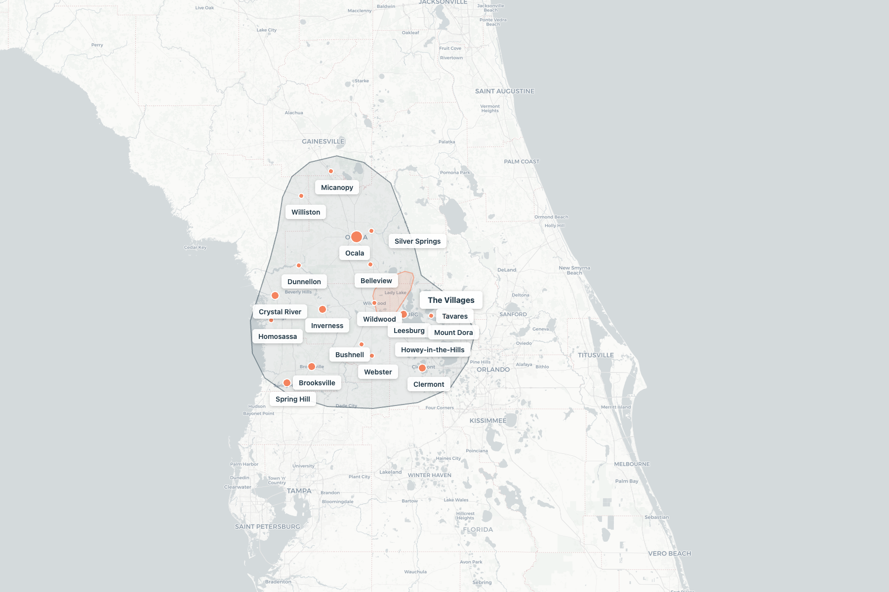 Villa+Cala Lineup coverage area map showing communities from Williston to Spring Hill, Crystal River to Clermont
